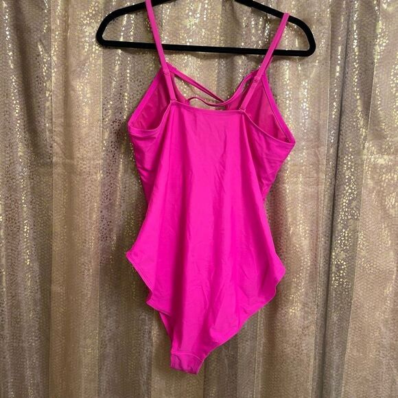 Forever 21 Neon Hot Pink Lace Up Front One Piece Swimsuit, XL - Picture 2 of 4